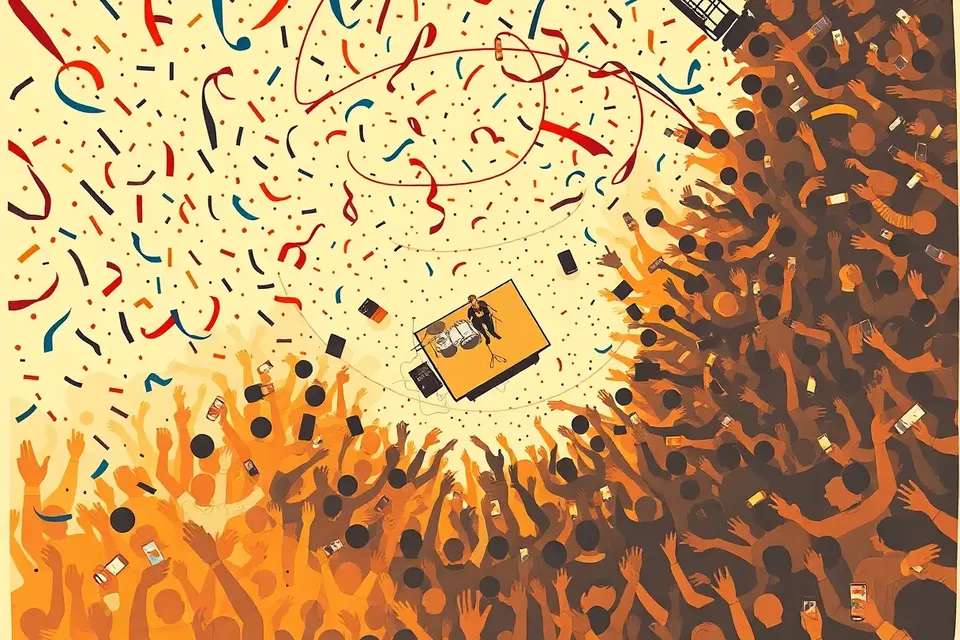 An overhead view of a concert stage with a drum kit and microphone, surrounded by a circular crowd of raised hands and phone lights, with confetti and streamers swirling in a vortex pattern.