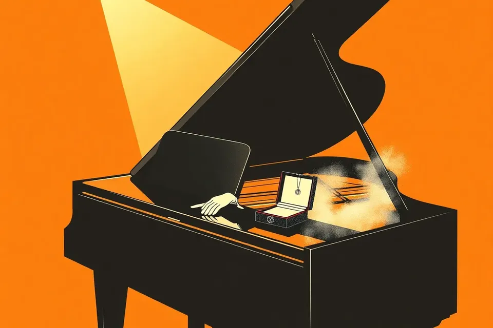 A still life of a grand piano with white gloves, a microphone, and a jewelry box, set in a spotlight with a hint of stage haze.