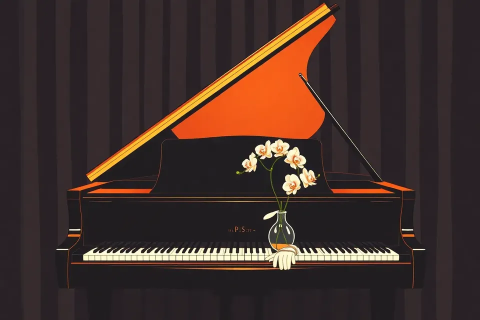 A black grand piano with its lid open, a white orchid in a vase on the fallboard, and a pair of white gloves resting on the keys, set against a dark velvet curtain.