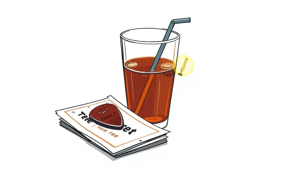 A still life arrangement with a guitar pick, concert tickets, a glass of iced tea, and an unlit stage light bulb on a surface.