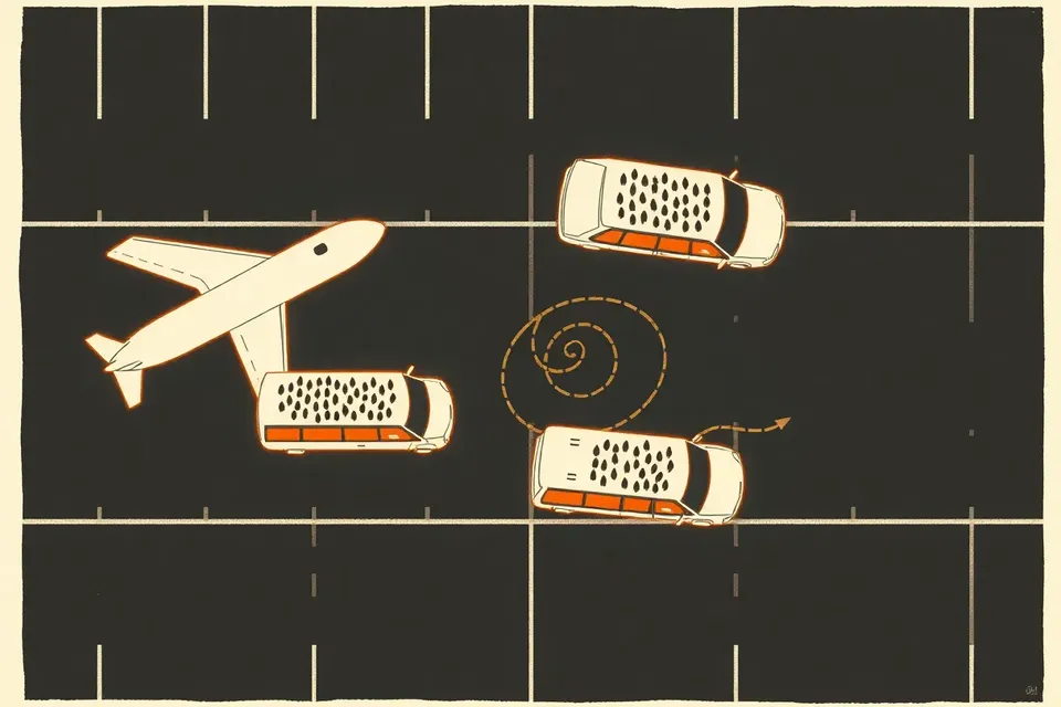 An overhead view of a parking lot with four vehicle-shaped haunted houses, including a plane and a bus, arranged in a grid with queue barriers forming a maze between them.