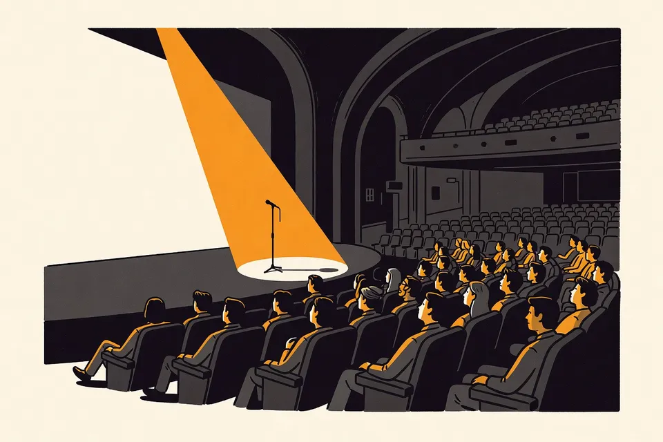 A wide shot of a dark theater with a spotlight on a microphone on stage, audience silhouettes in the foreground.