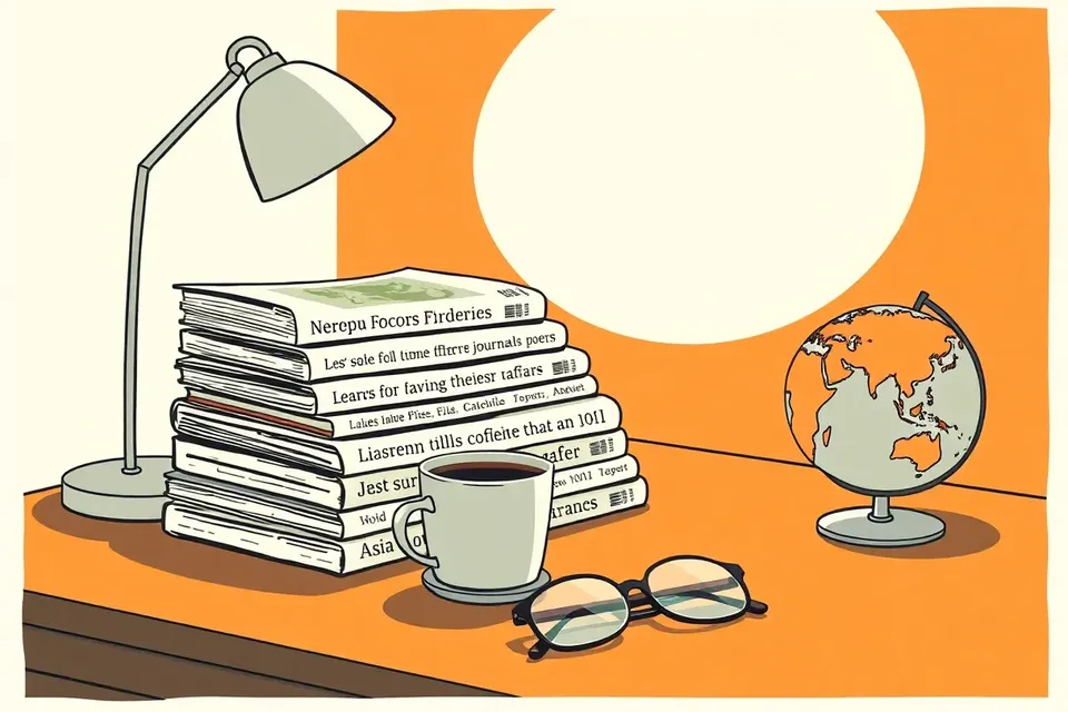 A still life illustration of a stack of journals, a coffee cup, reading glasses, and a globe on a wooden table under a lamp.