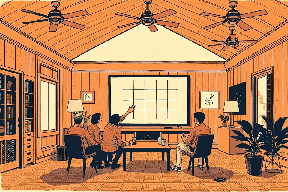 A wide shot of a dimly lit, wood-paneled room with a small group of people seated around a table, facing a large blank screen on a stand, with ceiling fans and brass lamps overhead.