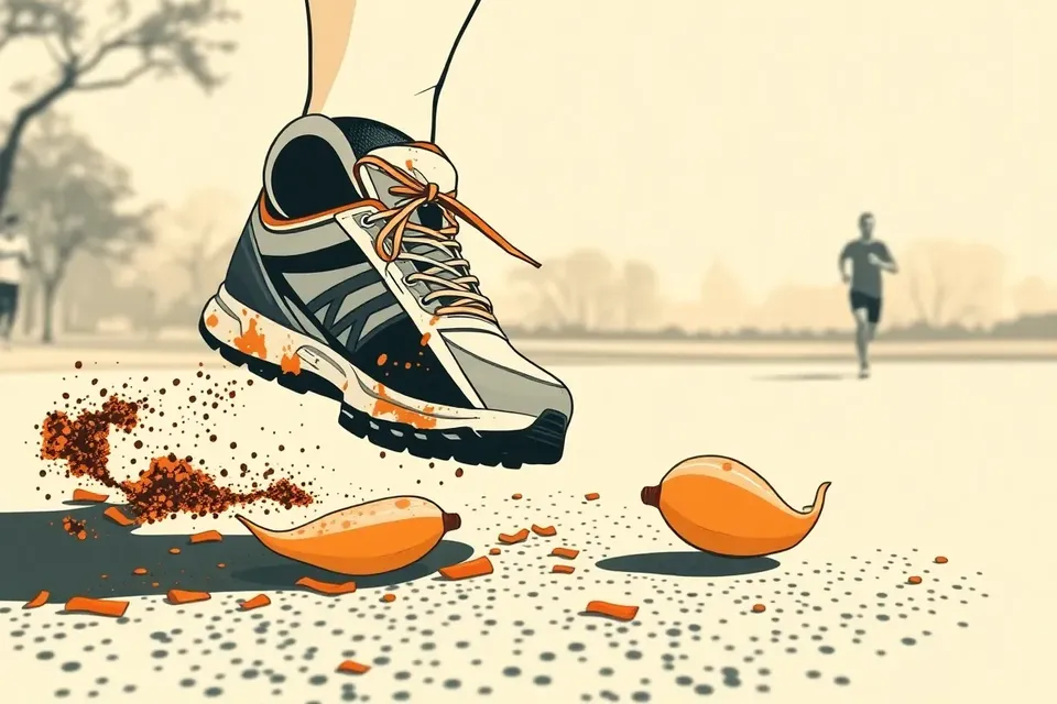 Close-up of a running shoe crushing a tamarind pod on a park path, with blurred trees and a runner's shadow in the background.