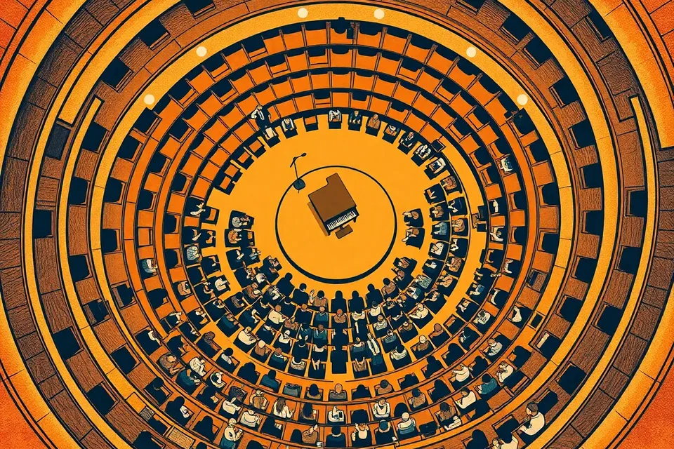 An overhead view of a circular concert hall with concentric seating, a central stage with a piano and microphone, and a crowd of stylized figures swaying.