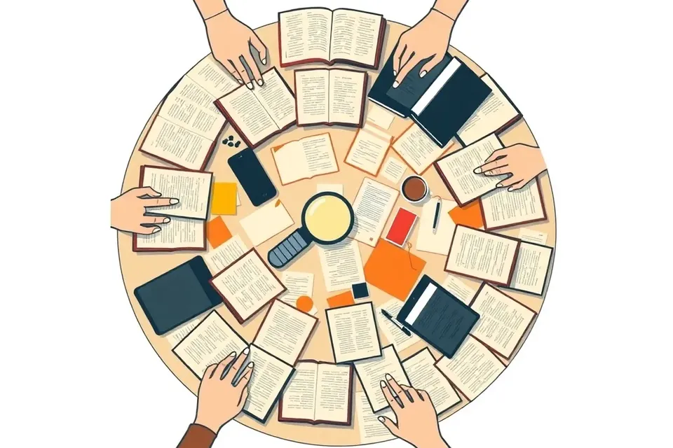 Overhead view of a table covered with open books, papers, and a magnifying glass, with hands reaching in from the edges, suggesting a discussion about art and conspiracy.