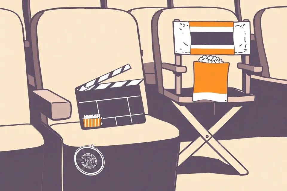 A still life arrangement on a cinema seat, featuring a clapperboard, film reels, a popcorn box with a ticket stub, and a director's chair with a Thai flag, evoking the atmosphere of a film screening event.