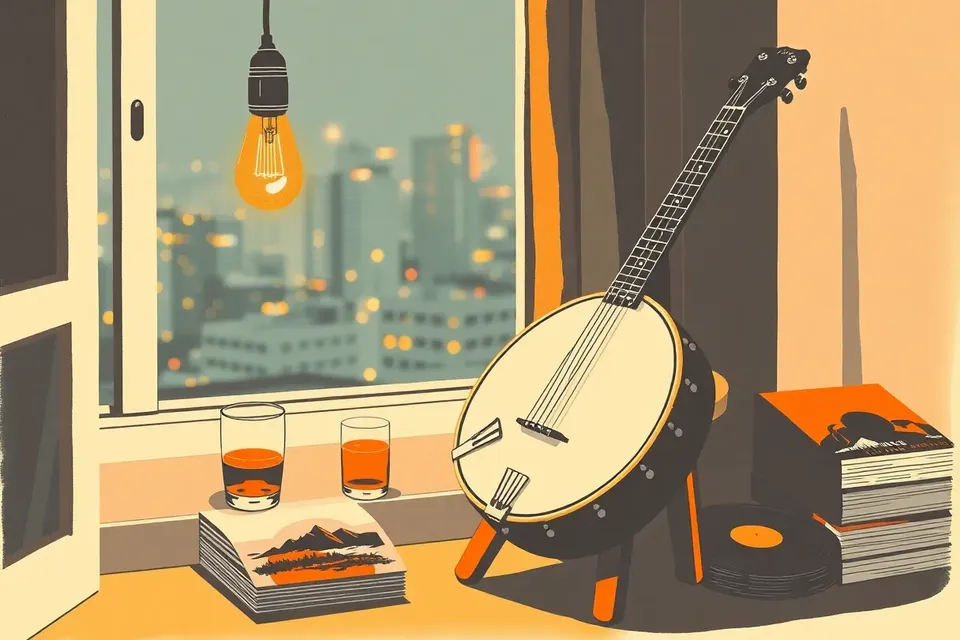 A still life illustration of a banjo leaning against a stool, with a glass of whiskey and vinyl records nearby, set against a backdrop of Bangkok's night lights seen through a window.