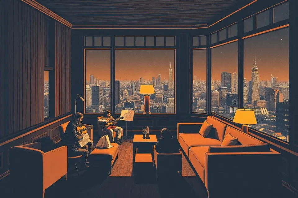 An intimate gathering in a high-rise room at night, with a small audience seated close to two mandolin players, city lights glowing through large windows behind them.
