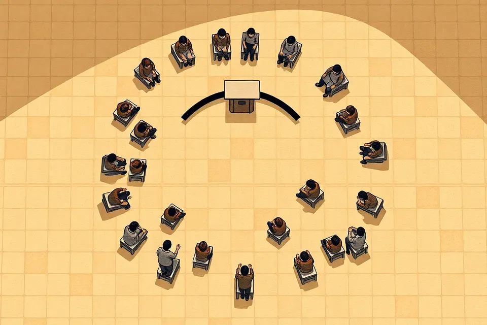 An overhead view of a circular gathering of anonymous figures in a tiled hall, focused on an empty central podium with a long shadow.