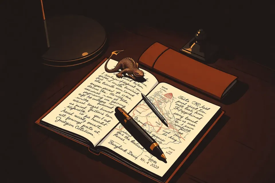 An open notebook with handwritten notes, a fountain pen, a folded map of Bangkok, and a small brass salamander figurine on a dark wooden table under a reading lamp.