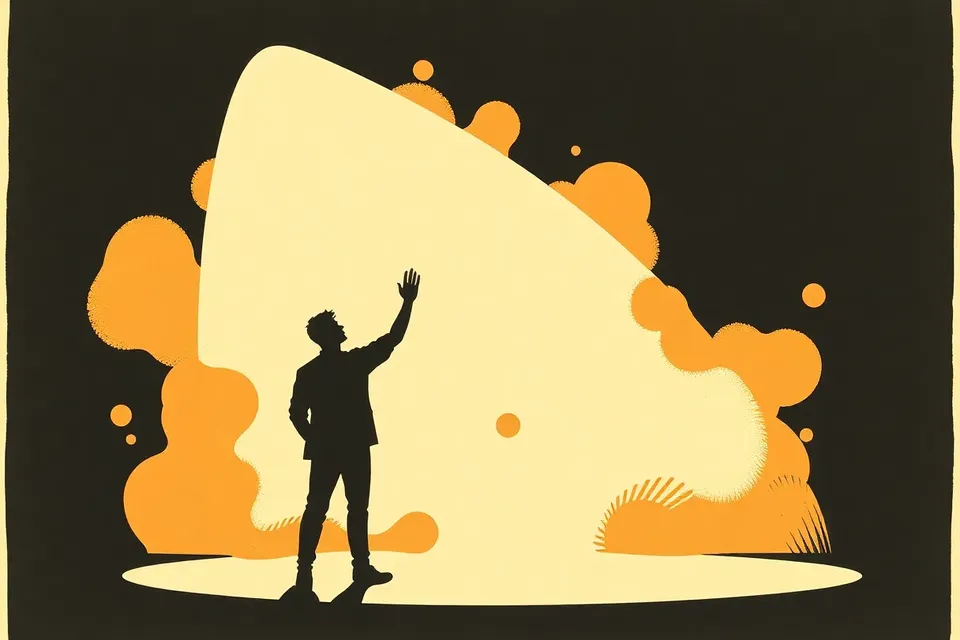 A silhouette of a performer on a dark stage, reaching upward under a single spotlight, with a hazy, abstract backdrop suggesting a dreamlike atmosphere.