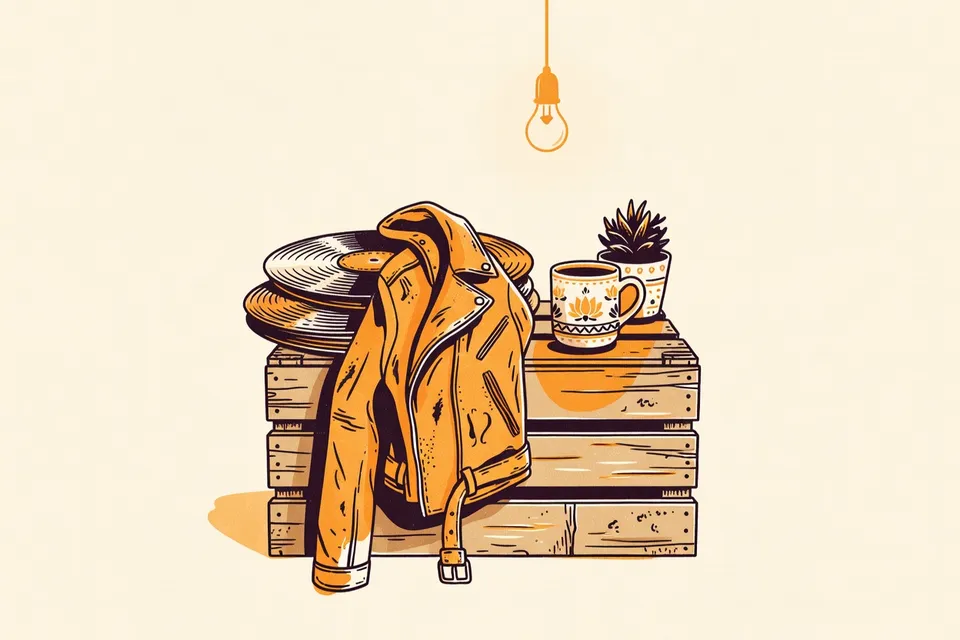 A still life arrangement on a wooden crate: a leather jacket over vinyl records, a ceramic mug, and a potted succulent, lit by a warm bulb.