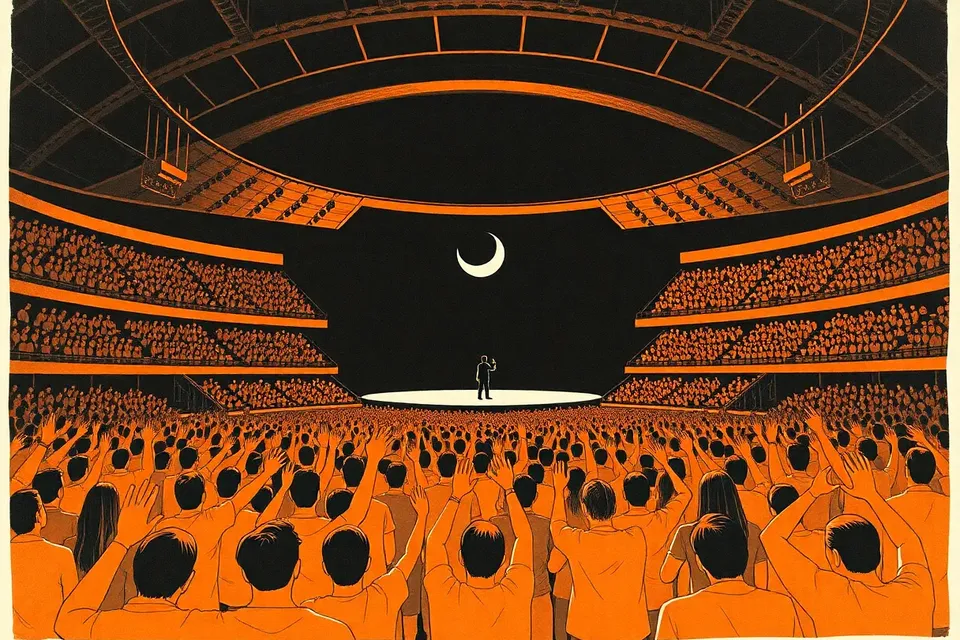 A wide view of a dark arena with a large crowd of silhouetted people facing a small stage with a single figure and a glowing crescent moon backdrop.
