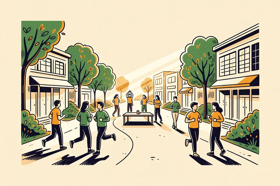 Dawn running scene along a tree-lined path near low-rise buildings. Stylized figures run and jog, while a few gather at a communal table stretching. Soft light and long shadows create a calm, inviting mood.