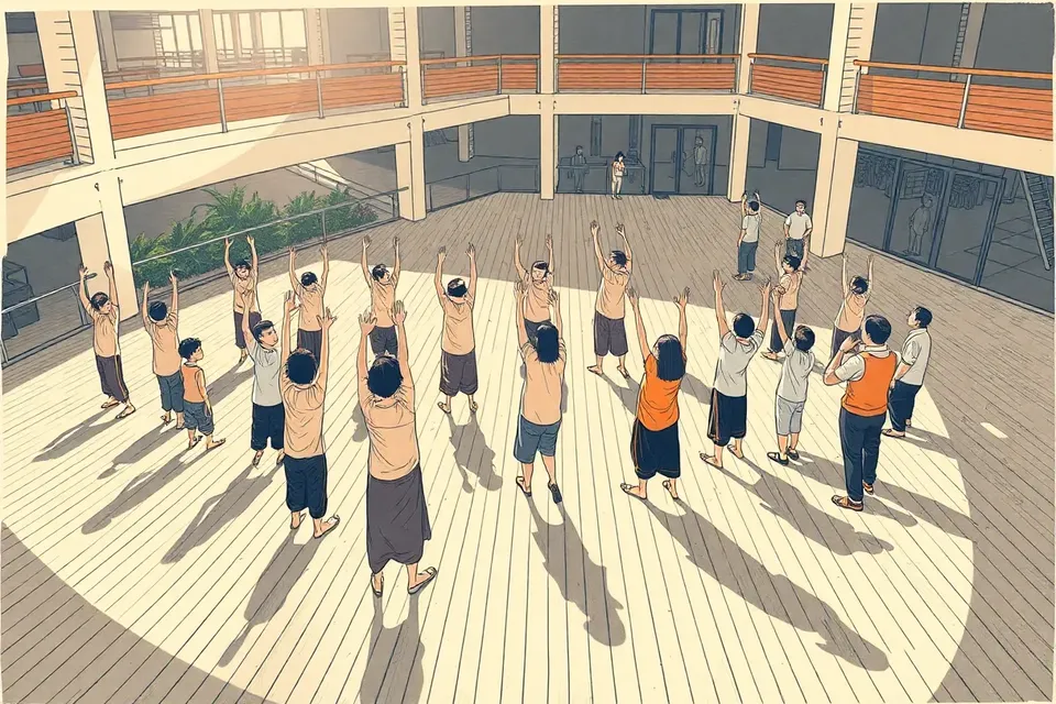 A wide view of an open-air shopping complex at sunrise, with people of different ages practicing tai chi on a wooden deck, arms raised in slow motion.