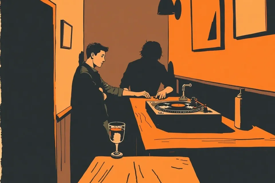 A moody illustration of a person at a bar counter with a DJ setting up a record in the background, evoking a late-night intimate atmosphere.