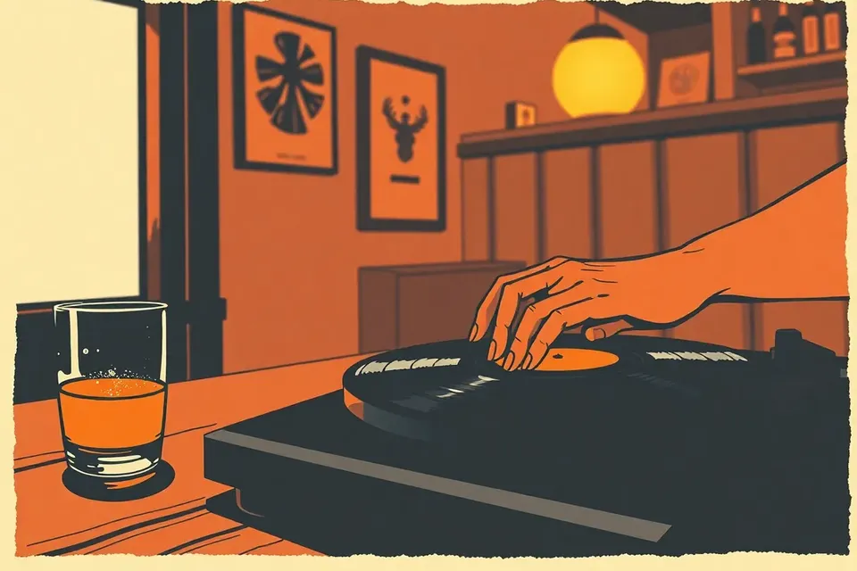 A person stands at a turntable in a dimly lit cafe, hand near a spinning vinyl record, with a lamp casting warm light and a glass on the bar.