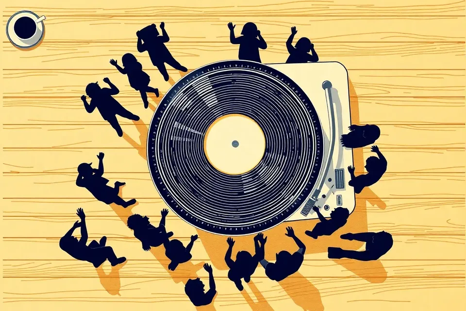 An overhead illustration of a turntable with a spinning record, surrounded by silhouetted dancers in a circular formation on a wooden floor, with a coffee cup at the edge.