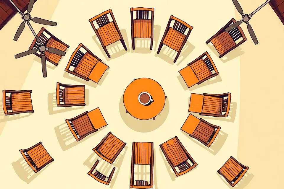 Overhead view of a clubhouse meeting room with chairs in a circle around a table with a coffee cup, ceiling fans casting shadows, quiet atmosphere.