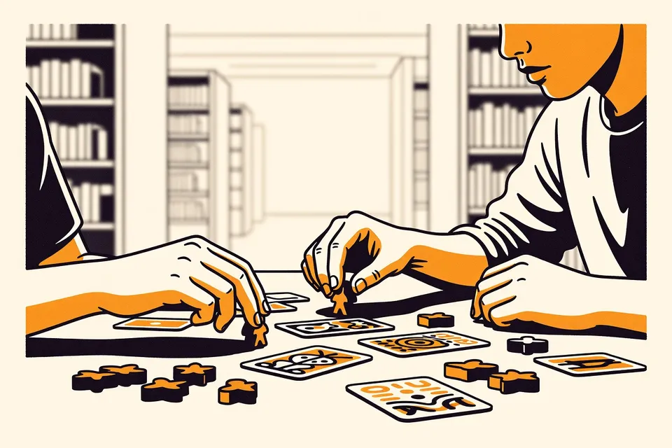 Two people playing a board game at a table in a library, with hands reaching for game pieces and cards.