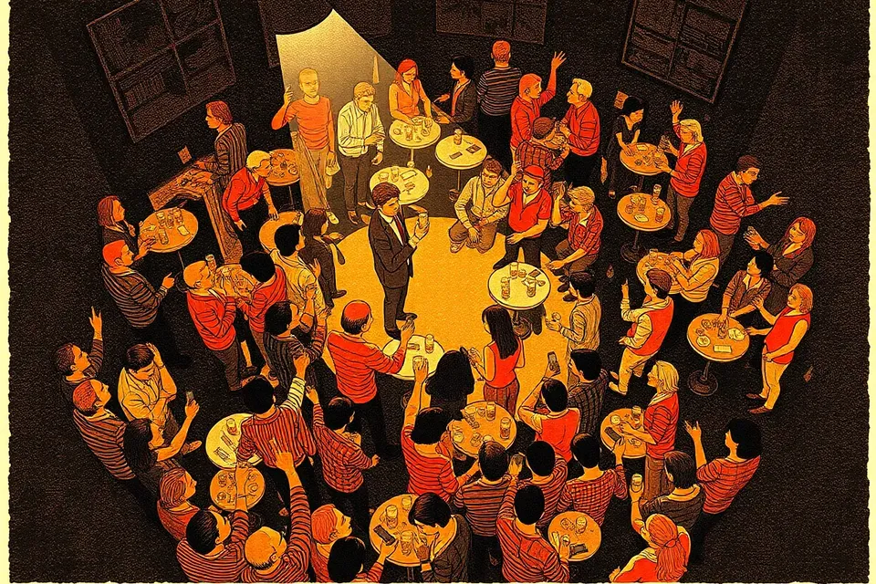 An overhead illustration of a crowded, dimly lit room with a circular gathering of people, small tables with drinks, and a central spotlight, evoking a warm, intimate community celebration.