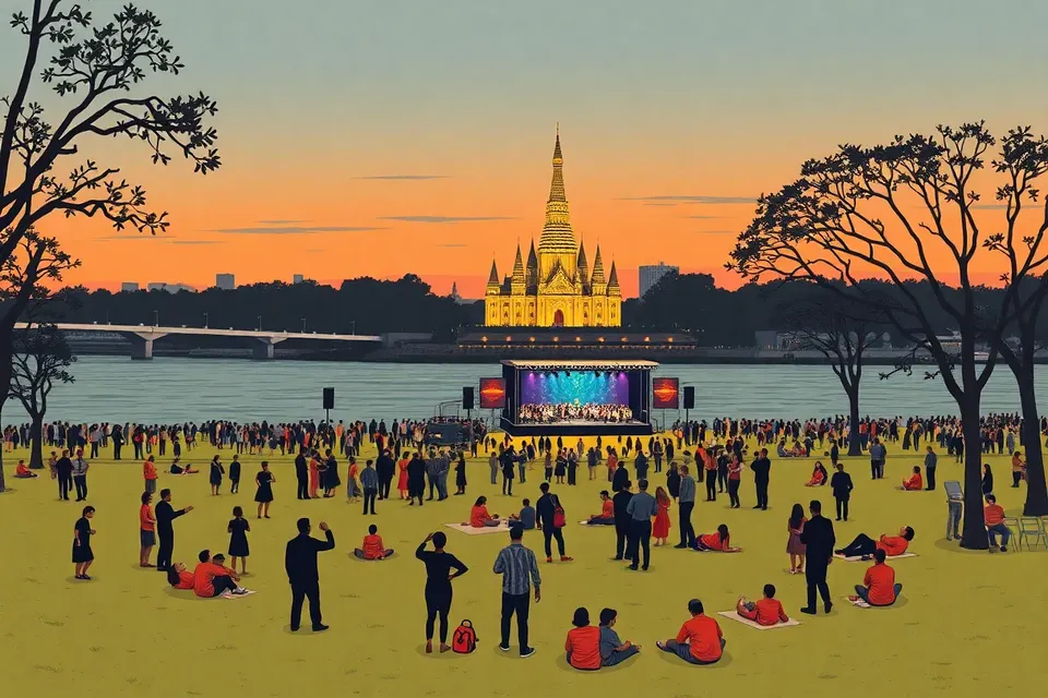 A wide view of a park by a river in Bangkok at dusk, with a temple spire visible in the background. Small groups of people are scattered across the grass, some dancing near a brightly lit stage, creating a festive atmosphere.