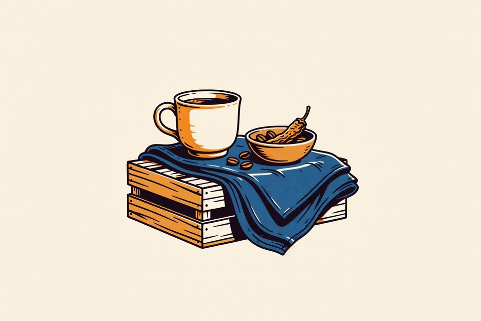 A still life arrangement on a wooden crate: a ceramic coffee cup, a small bowl with coffee beans and a dried chili, and a folded indigo cloth.