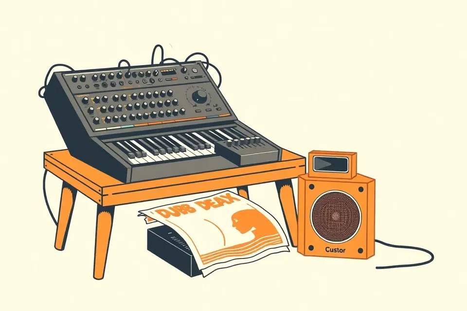 A still life arrangement of audio equipment: an analog mixing console with raised faders and patch cables, a dub delay pedal on a folded concert poster, and a stage monitor speaker with a blue glow.