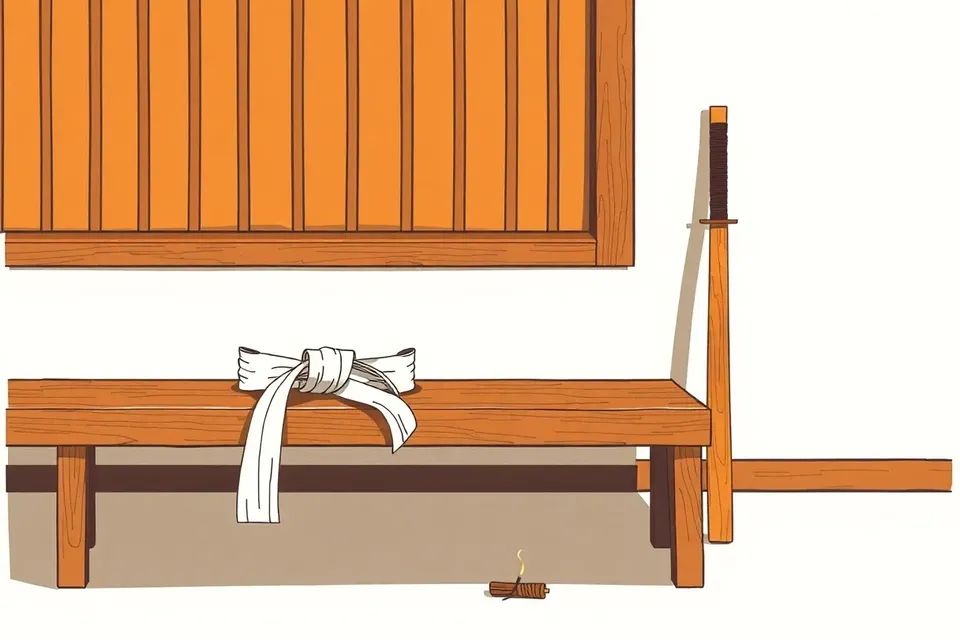 A folded white karate belt and a wooden practice sword on a bench in a serene dojo, with an incense stick nearby.