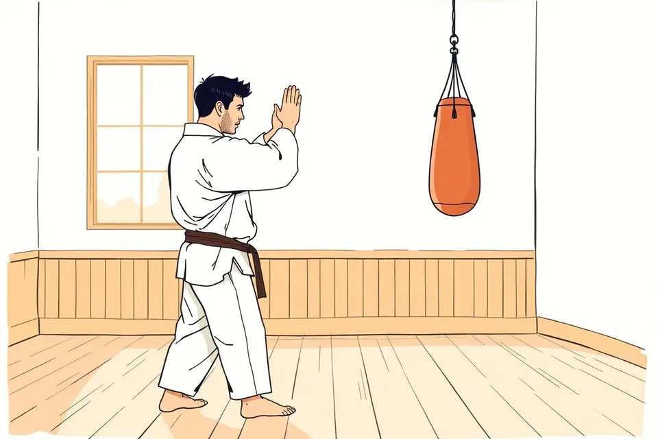 An adult karate student in a white gi stands in a guard position, while a sensei adjusts their stance in a traditional dojo with wooden floors and a hanging punch bag.