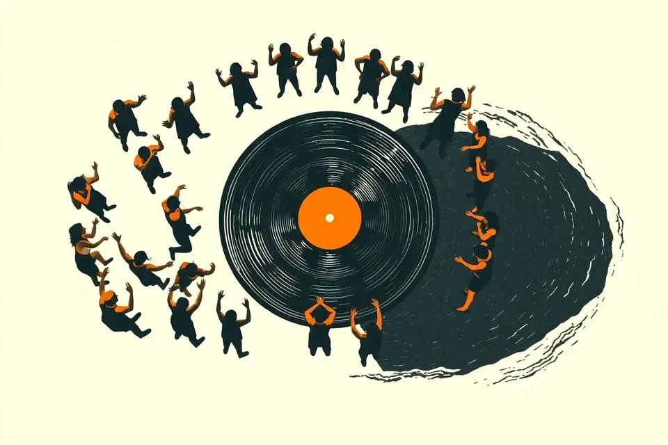 An overhead view of a vinyl record at the center, surrounded by silhouetted dancers in a circular formation, with a river curving along the edge.