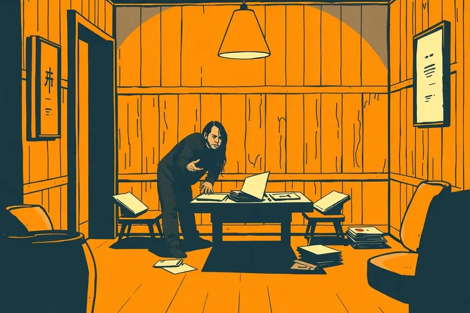 Two stylized figures in a dim, wood-paneled room, one gesturing over papers on a low table, lit by a single lamp, conveying a serious, intimate discussion.
