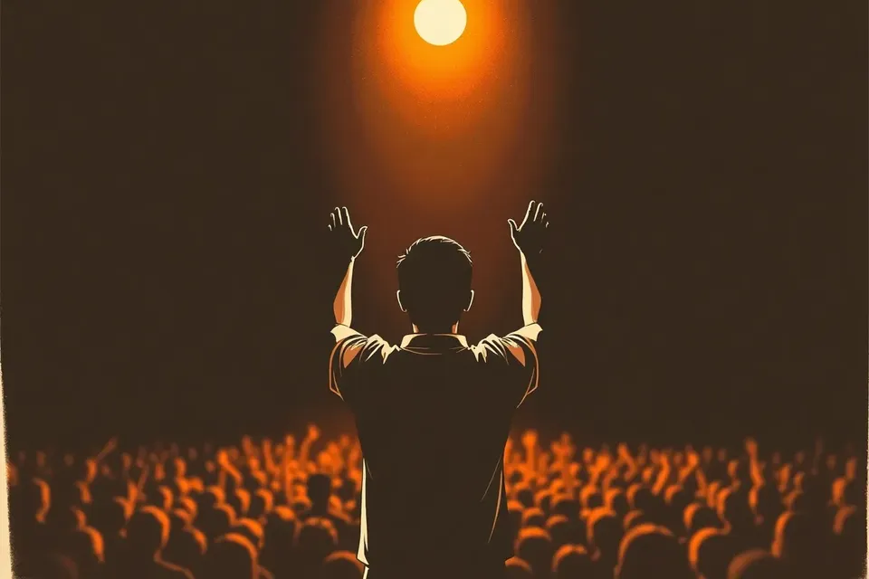A stylized illustration of a person with raised arms facing a dark stage, illuminated by a single spotlight, with a blurred crowd in the background.