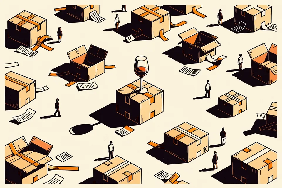 Overhead view of a gallery floor with painted canvases that look like cardboard boxes and packing materials, with a wine glass on a crate.