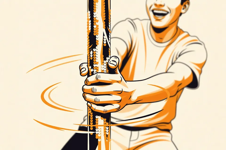 Close-up of a sequined pole with a hand gripping it, blurred background shows a laughing figure in casual clothes.