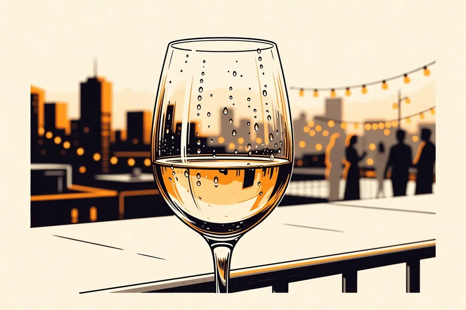 A close-up of a wine glass on a rooftop railing, with condensation and city lights blurred in the background, evoking a networking event at sunset.