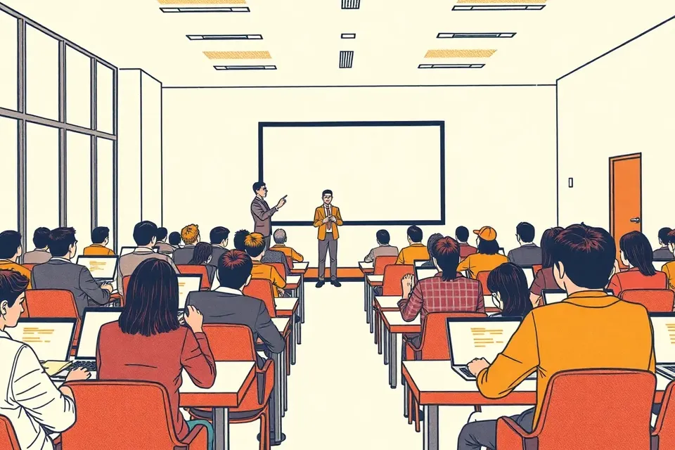A wide view of a modern workshop room with attendees at laptops, a presenter at the front, and a large blank screen, conveying a tech-focused learning atmosphere.