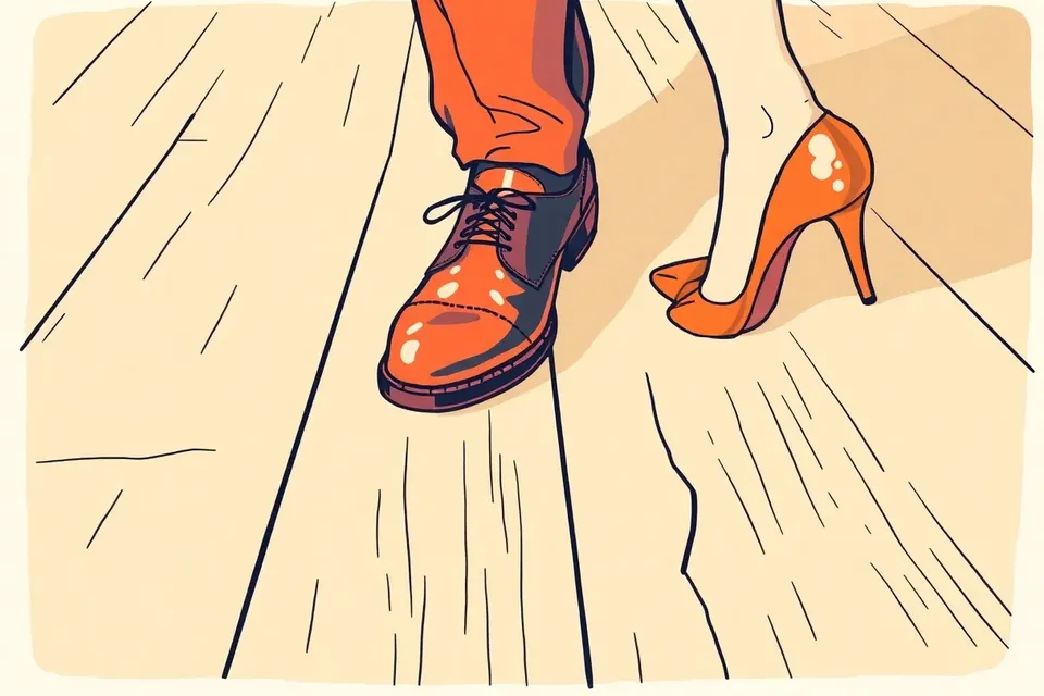 Close-up of two pairs of shoes on a wooden dance floor, one oxford and one pump, captured mid-dance step with a saxophone reflection.