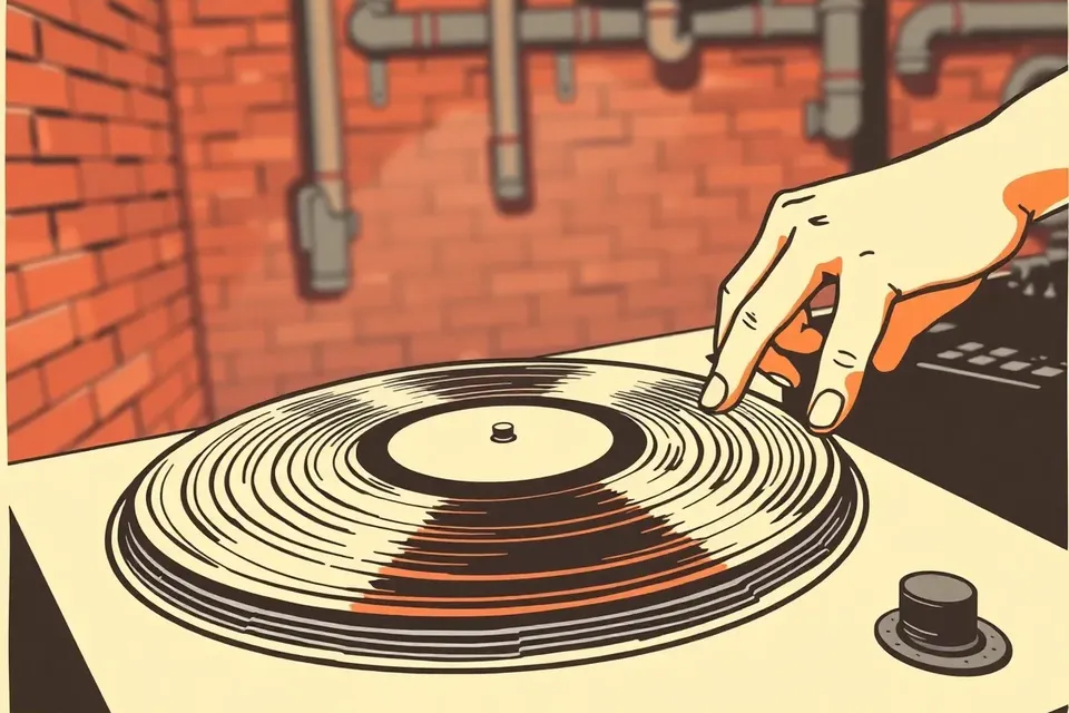 A close-up of a vinyl record on a turntable, with a hand adjusting the tonearm, set against a blurred background of industrial brick and pipes, evoking an intimate nightlife atmosphere.