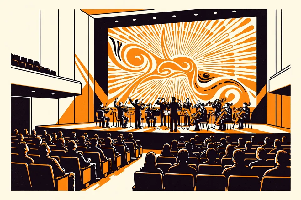 A wide view of a concert hall with an orchestra on stage and a large screen displaying abstract patterns, the audience seated in rows.