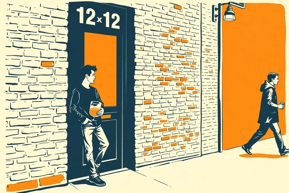 A stylized illustration of a person leaning against a brick wall outside a dimly lit venue, with another figure passing by in the background, evoking a quiet night out in Bangkok's old town.