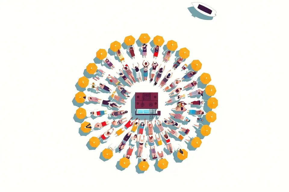 An overhead view of a beach festival with a crowd forming a circular pattern around a DJ booth, surrounded by colorful towels and umbrellas, with the sea and a boat in the background.