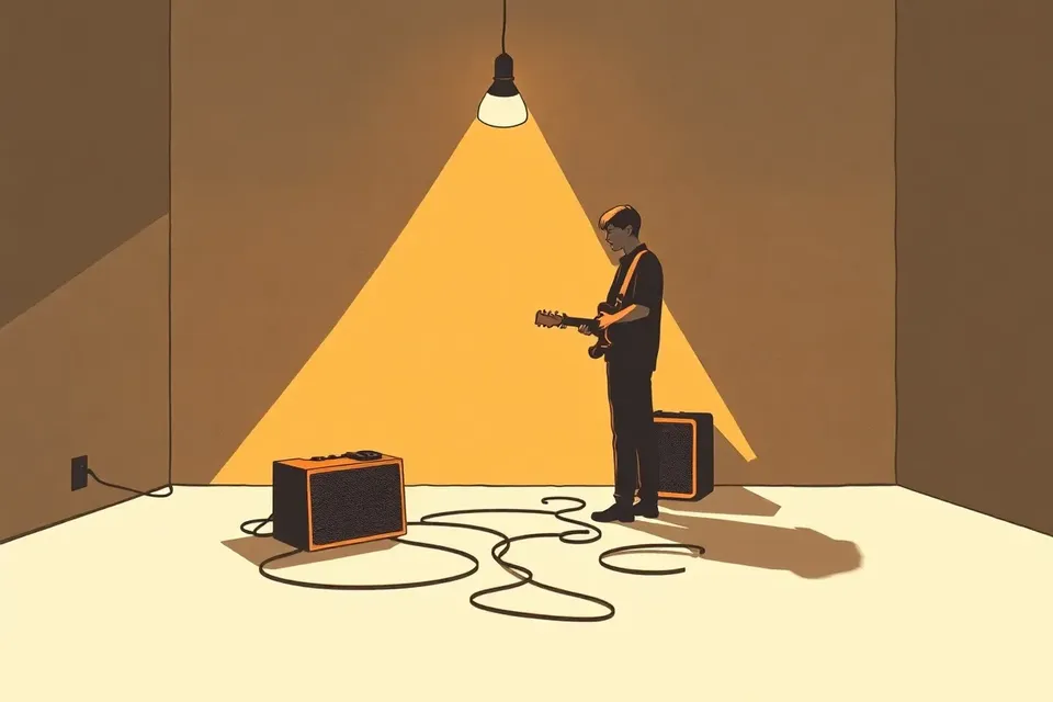 A person in a dark room with concrete walls adjusts a guitar strap under a single bare bulb. Cables lead to a small amplifier on the floor.