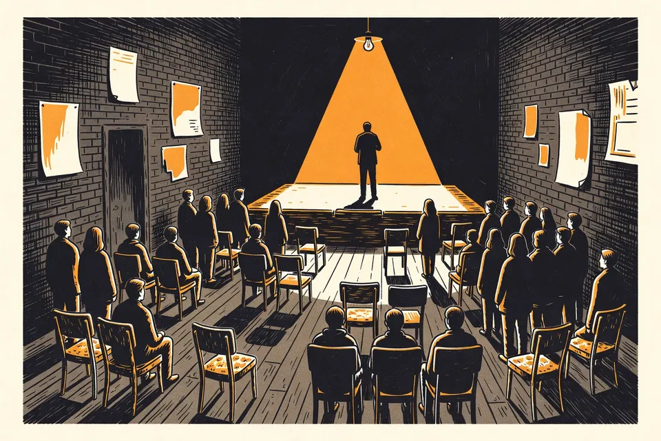 A wide shot of a small, dim theatre with vintage chairs, exposed brick walls, and a performer silhouetted under a single light on stage.