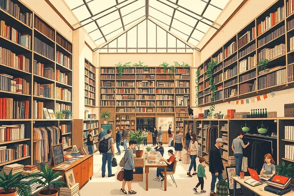 A spacious indoor market with stalls of secondhand clothes and crafts, set among bookshelves and plants, with a few people browsing and one workshop group.