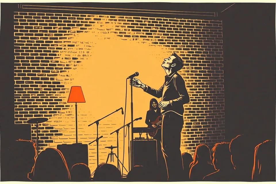 A musician on stage at a small venue, gripping a microphone stand and reaching toward the audience, with a guitarist silhouetted in the background.
