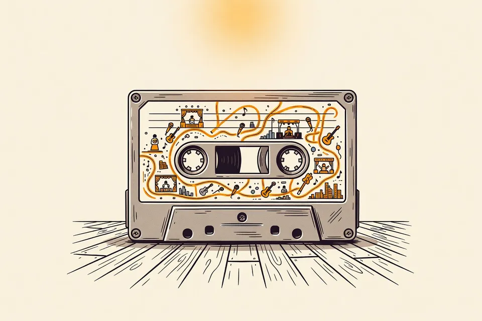Close-up of a vintage cassette tape with a hand-drawn map on its label, lying on a wooden floor, illuminated by a warm stage light.