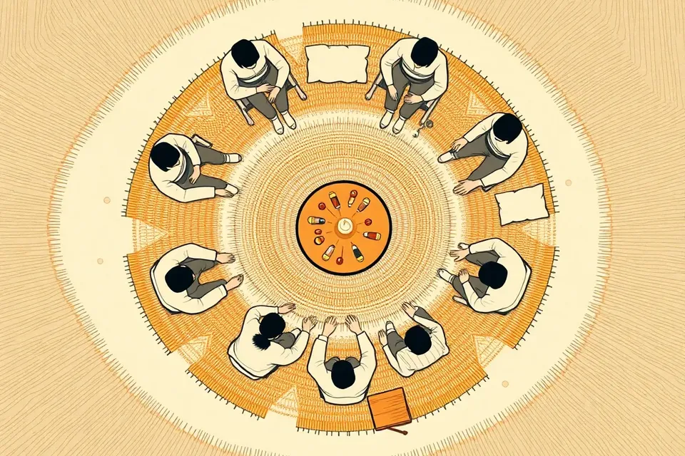 An overhead illustration of a group of people sitting in a circle on mats, with a central table holding vials and a pot, creating a calm, communal pattern.